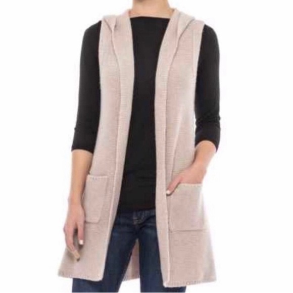 Tahari Wool Blend Pocketed Sleeveless Hooded Tan Cardigan - Size Small - Picture 7 of 8